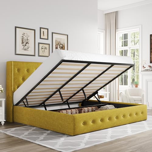 Allewie Full Size Lift Up Storage Bed with Wingback Headboard, Light Beige C85153