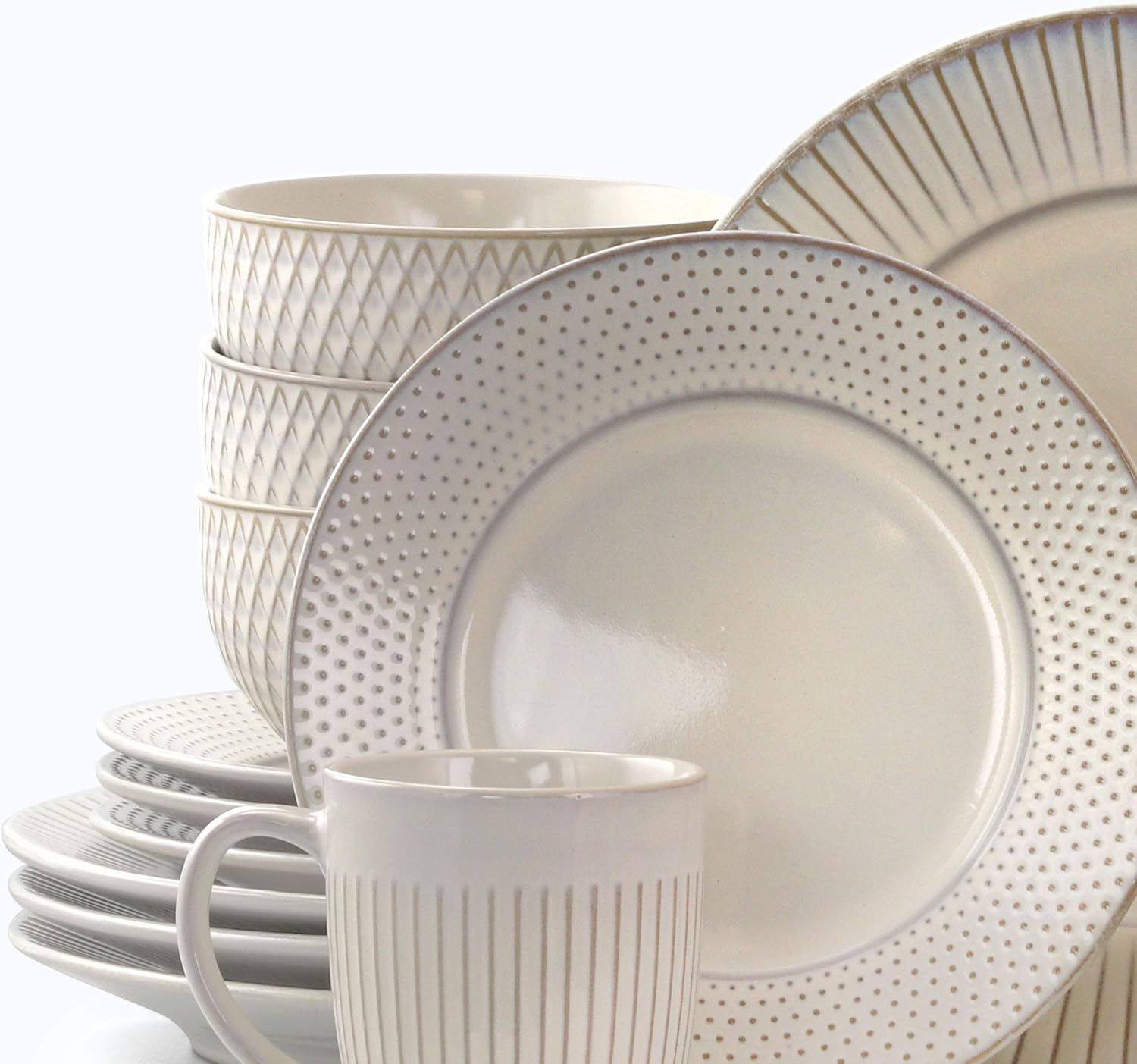 Elama Contemporary Round Embossed Stoneware Dinnerware Set, 16 Piece, White H295