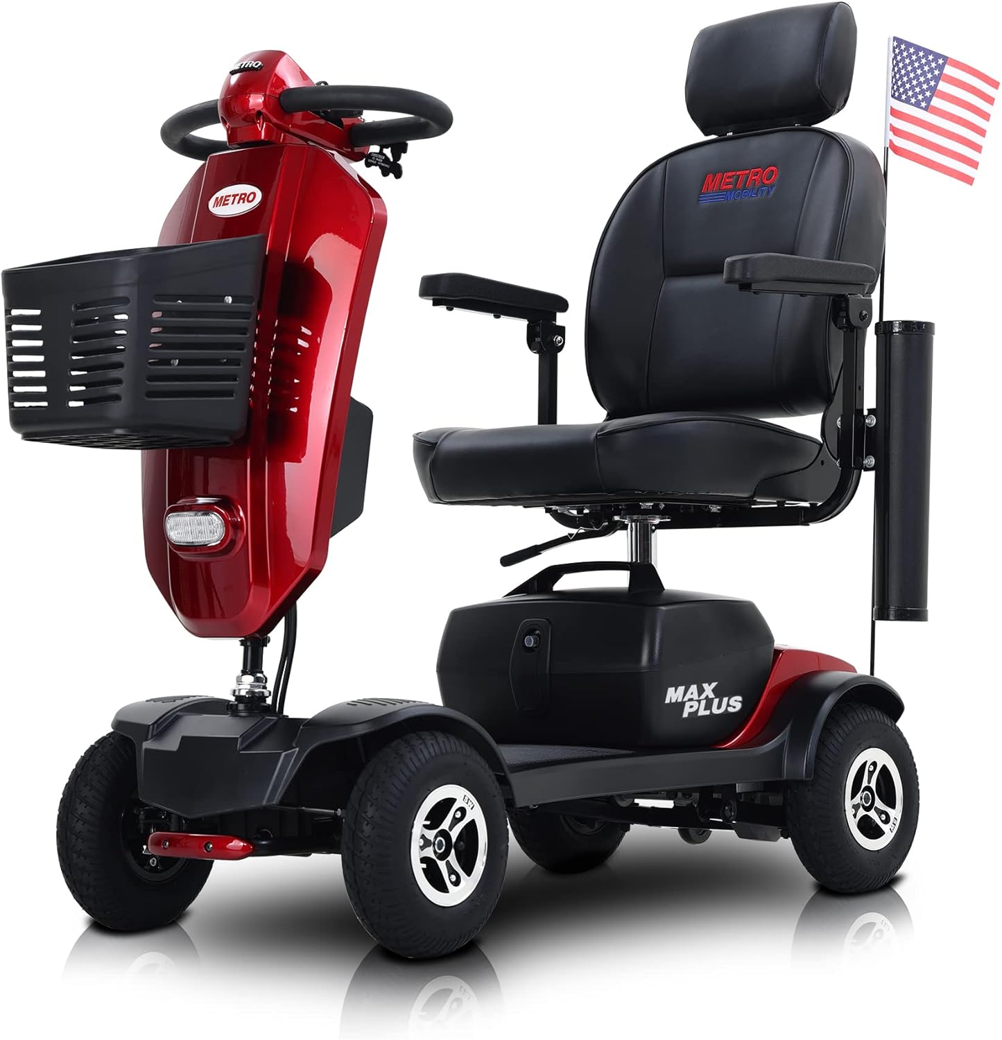 Electric Powered Mobility Scooters for Seniors Adults 300lbs Max Weight, 4 Wheel Folding Mobility Wheelchair for Travel - Long Range Power Extended Battery w/Charger and Basket - Red