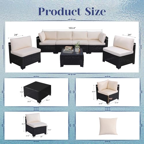 KIGOTY Patio Furniture Set 7 Pieces Outdoor Sectional Sofa with Cushions and Glass Coffee Table B60021
