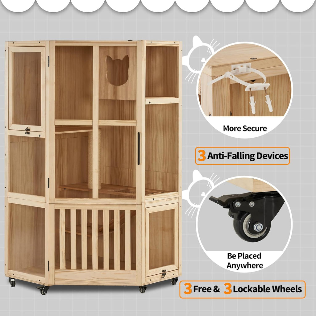 MCombo Large Corner Cat House Villa Wooden Indoor Cat Enclosure with Scratching Post M143