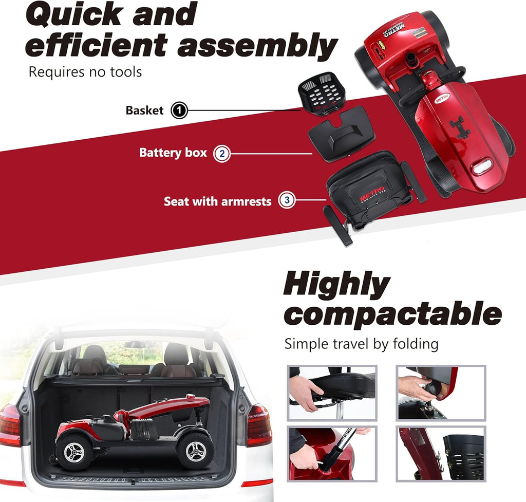 Electric Mobility Scooter for Seniors Adults 4-Wheel Folding Travel Scooter with Extended Battery and Basket, Red G8869