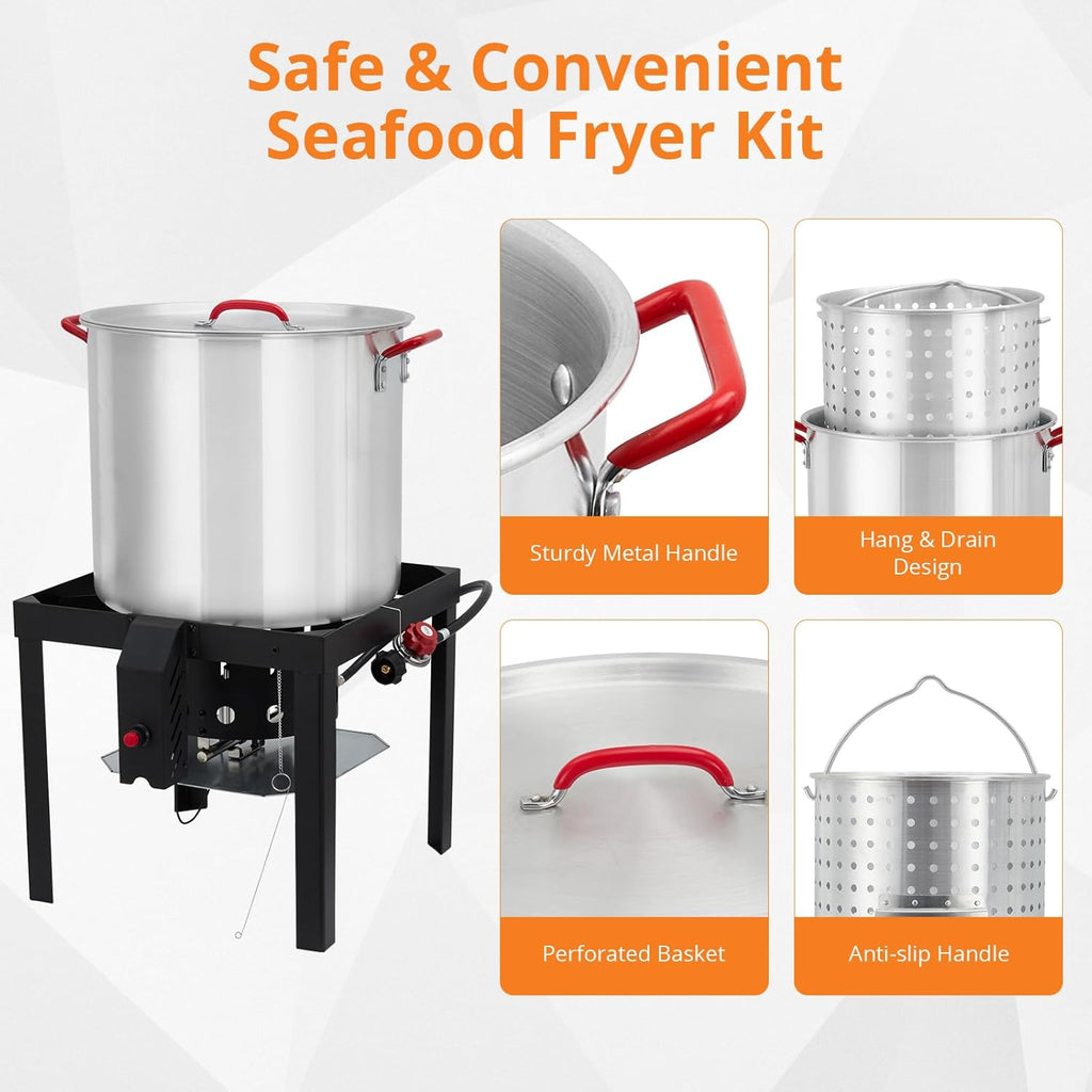 80 Qt Aluminum Seafood Boil Pot with Propane Jet Burner and Basket X99158