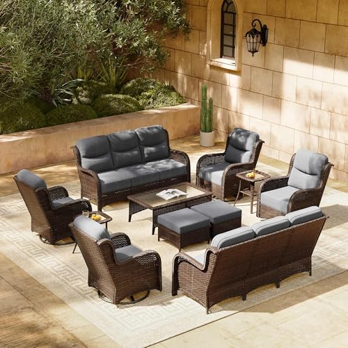 Luxury Patio Furniture Set 7PCS Wicker Conversation Set with Blue Cushions J5390