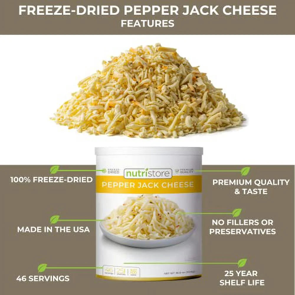 Nutristore Freeze-Dried Pepper Jack Cheese Shredded for Snacking, Camping & Emergency Food Storage Y364905