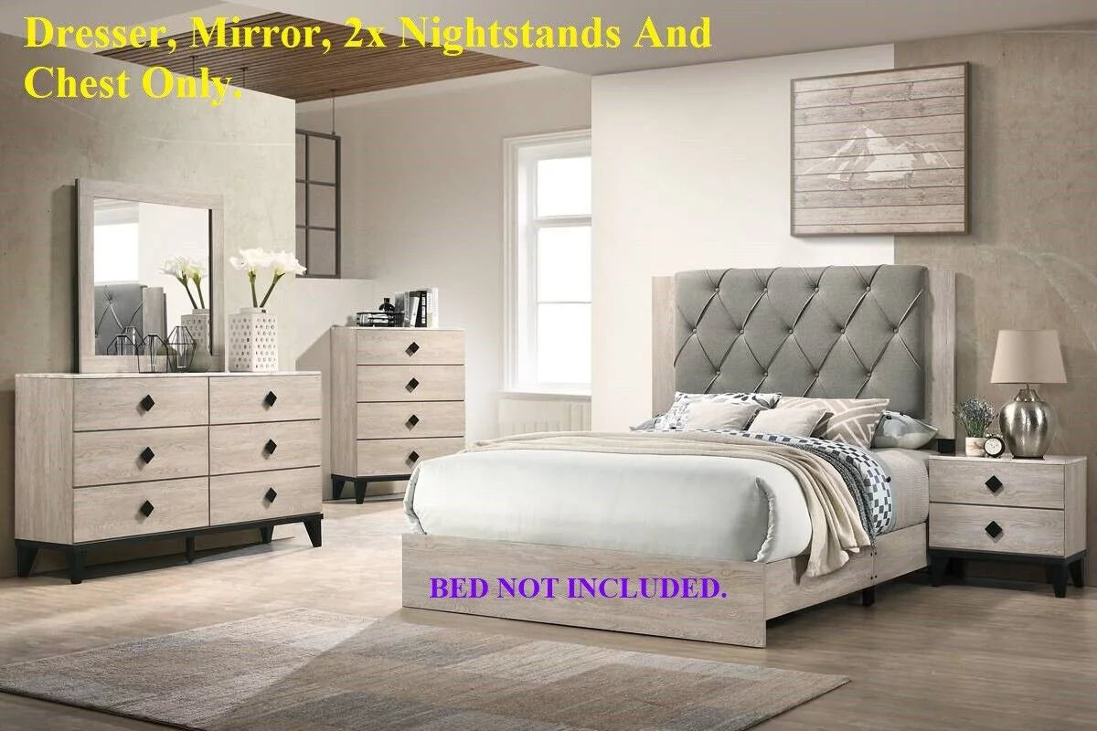 Transitional Cream Dresser Mirror Nightstands Chest 5pc Bedroom Set R373