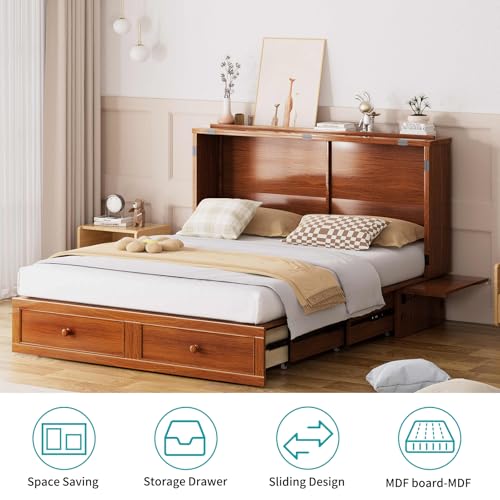 BALUS Murphy Bed Cabinet, 63" W Queen, Tri-fold Mattress, Cherry G595