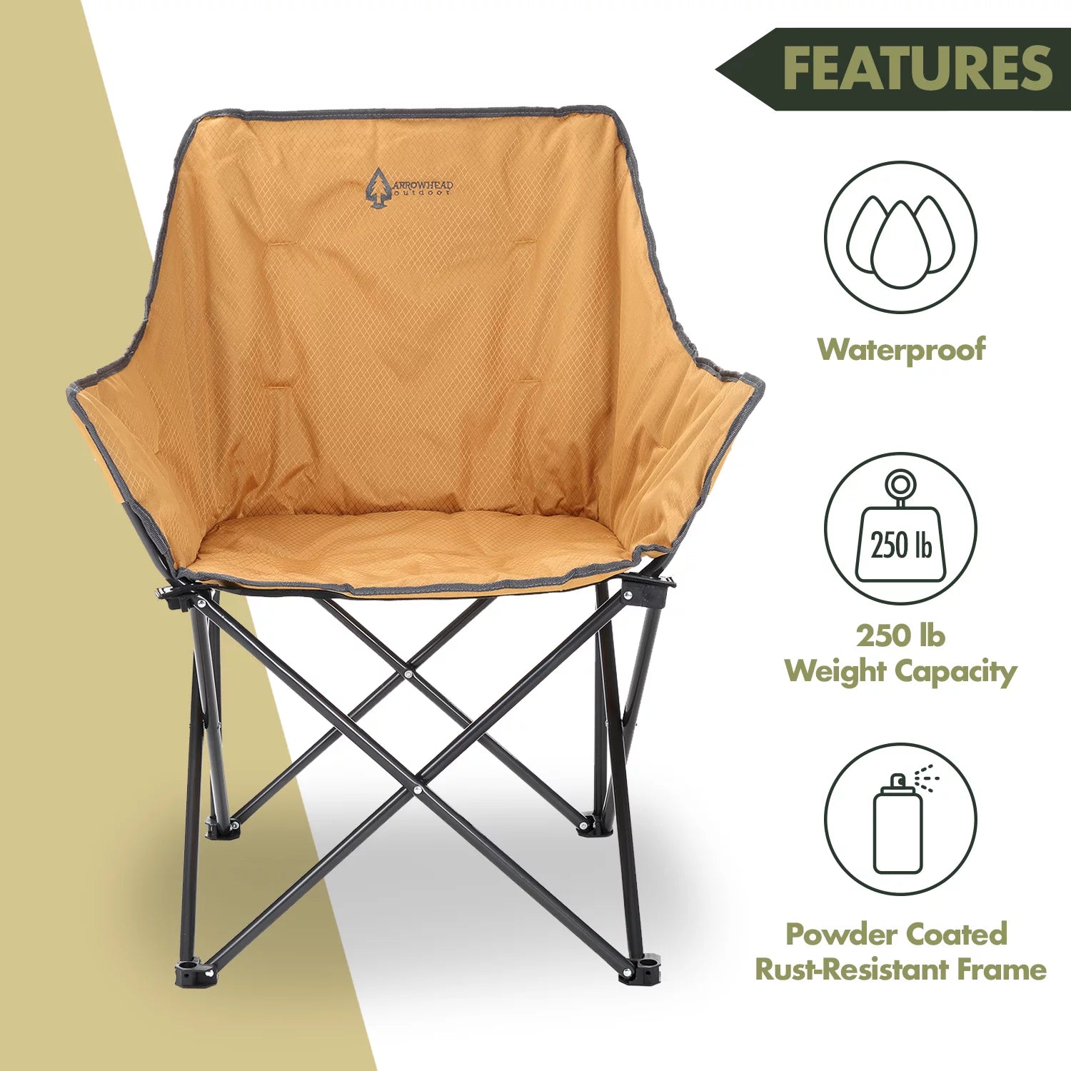 ARROWHEAD OUTDOOR Portable Folding Camping Quad Chair, Steel Frame, 250lbs Capacity, Tan B747798