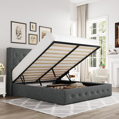 Allewie Full Size Lift Up Storage Bed with Wingback Headboard, Light Beige C85153