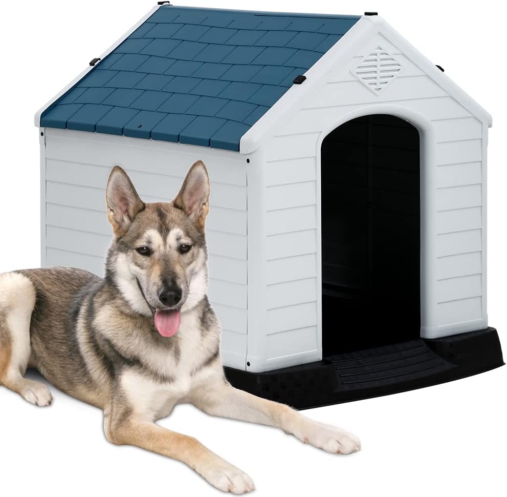 Large Dog Houses, Plastic Dog House Indoor Outdoor Pet Kennel for Small Medium Large Dogs with Air Vents and Elevated Floor Ventilate Waterproof All Weather Dog House, 39 Inch High