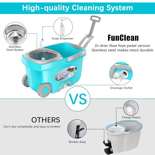 FunClean Spin Mop and Bucket with Wringer, 360° Floor Cleaning Tool, 61" Handle, Blue Q21676
