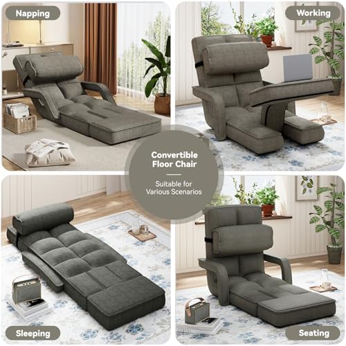 Esright Floor Chair, Padded Folding Gaming Chair with Adjustable Backrest, Dark Grey P960