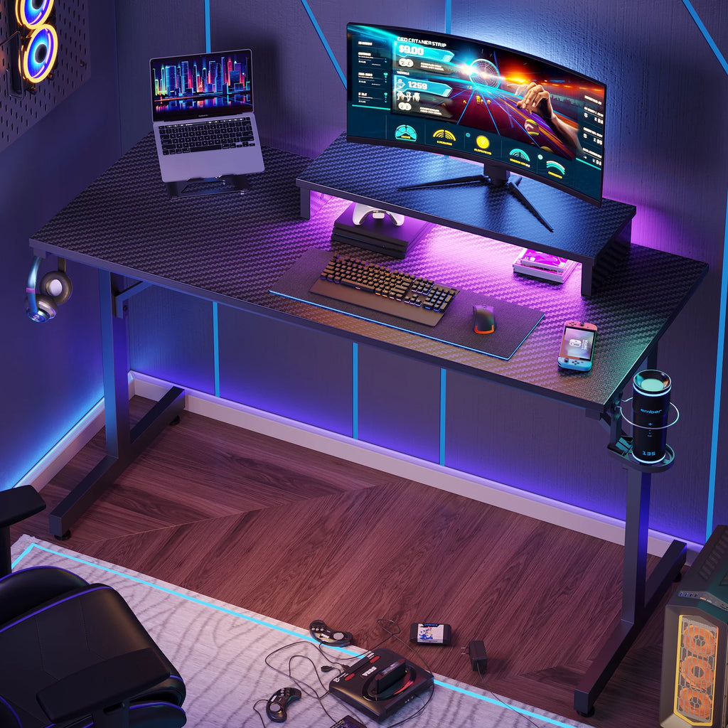 Bestier 42" Gaming Desk with LED Lights & Monitor Stand, Carbon Fiber Black B707