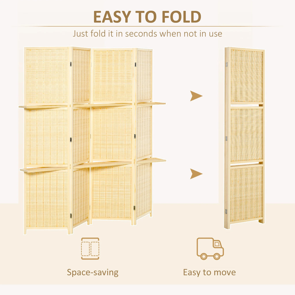 HOMCOM 4-Panel Folding Bamboo Room Divider with Storage Shelves, 6 Ft, Natural Wood H7331