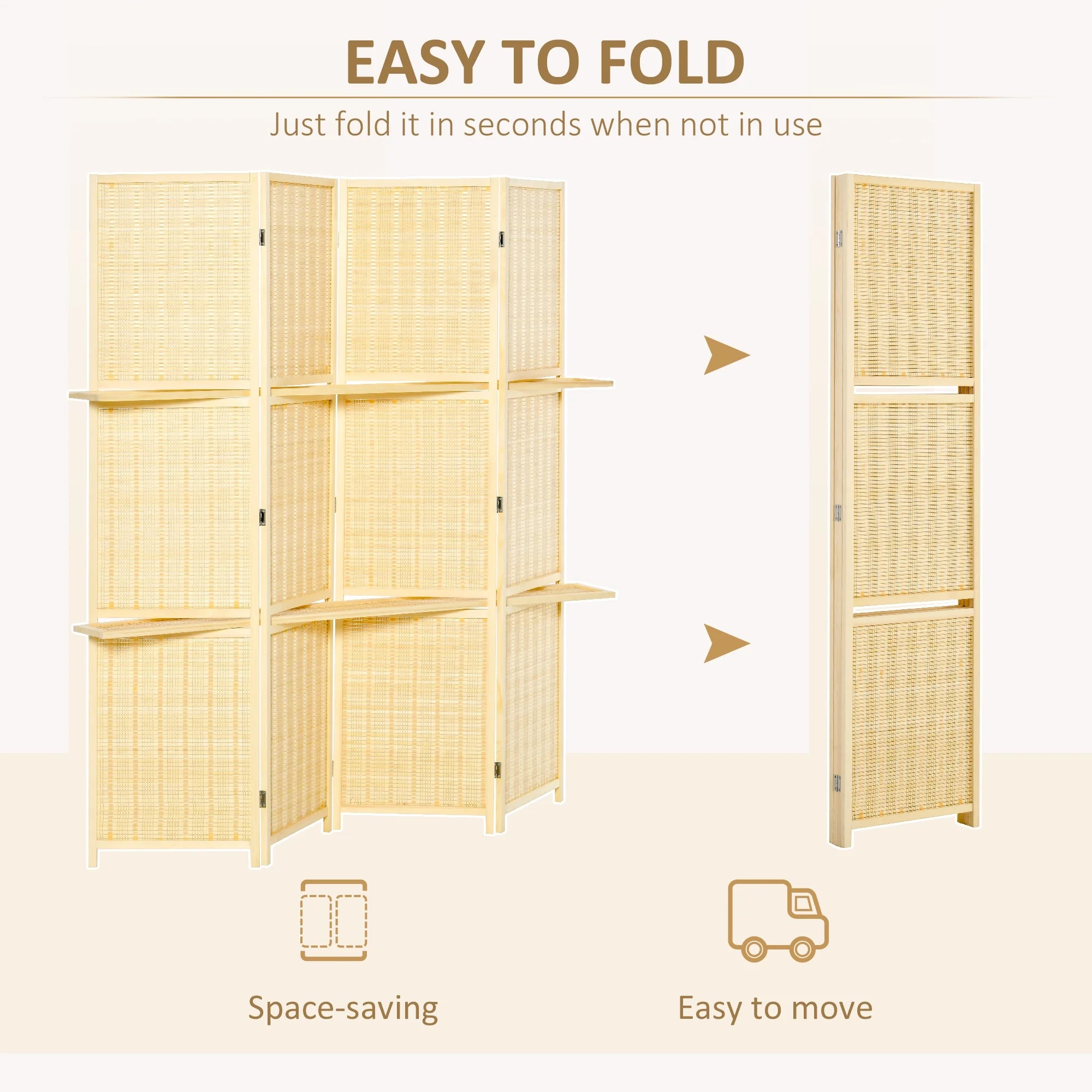 HOMCOM 4-Panel Folding Bamboo Room Divider with Storage Shelves, 6 Ft, Natural Wood H7331