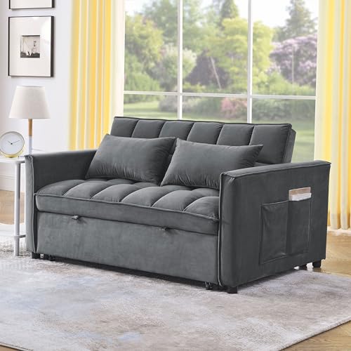 3 in 1 Convertible Sleeper Sofa Bed Futon with Adjustable Backrest, Velvet, Black Q74350