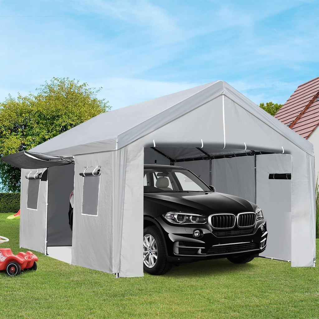 Carport 10×20 FT Portable Garage, Heavy Duty Steel Frame with Roll-up Doors, Grey W27744