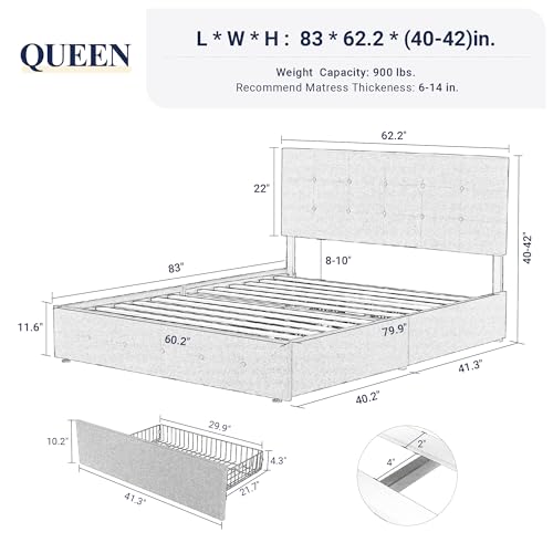 Allewie Upholstered Queen Platform Bed Frame with 4 Drawers and Headboard, Light Grey A922