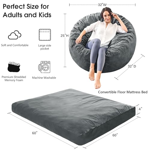 Giant Bean Bag Chair for Adults Convertible Bed with Microfiber Cover Charcoal G62613