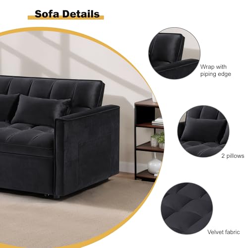 3 in 1 Sleeper Sofa Bed with Side Pocket, Black Convertible Futon Couch W34330