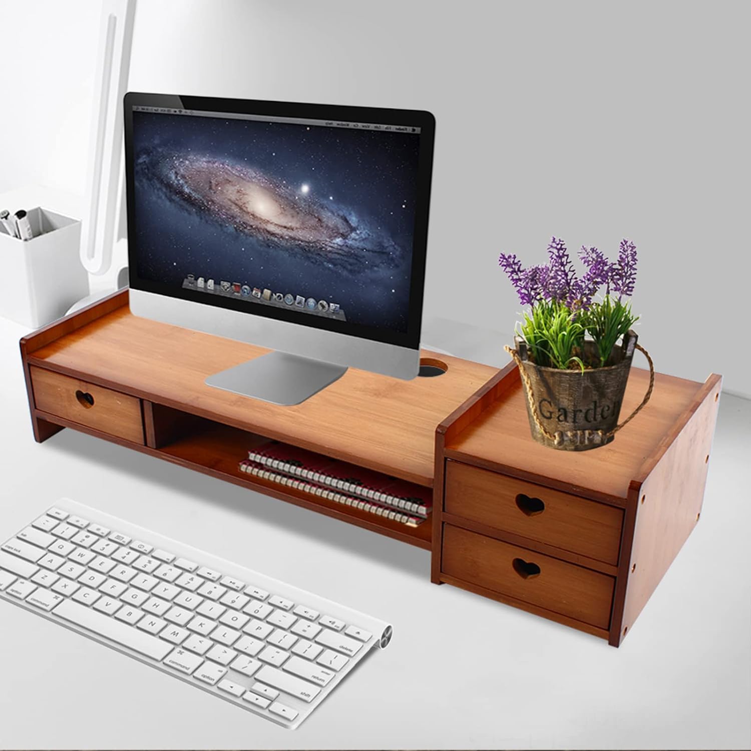 Bamboo Monitor Stand Riser with 3 Drawers, Retro Brown Q103172