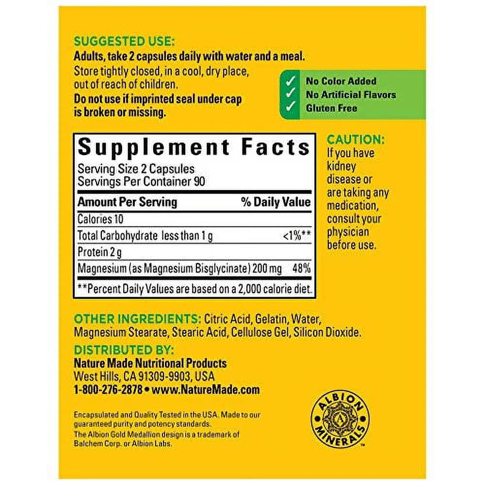 Nature Made High Absorption Magnesium Glycinate 200 mg, 180 Capsules V5369