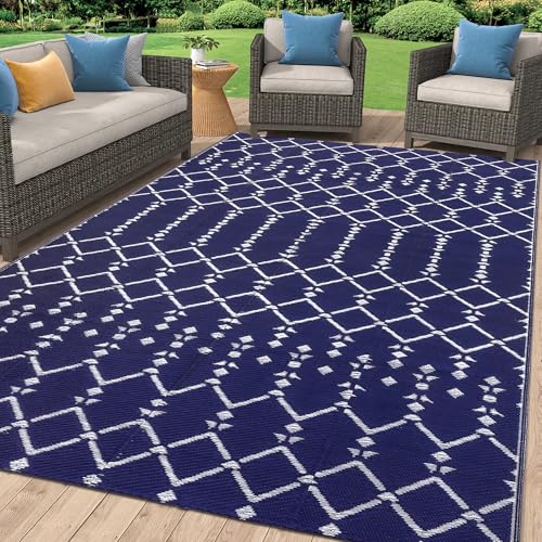 Smiry Waterproof Outdoor Rug 5x8 ft, Reversible Plastic Straw Patio Mat, Black & Beige P20186