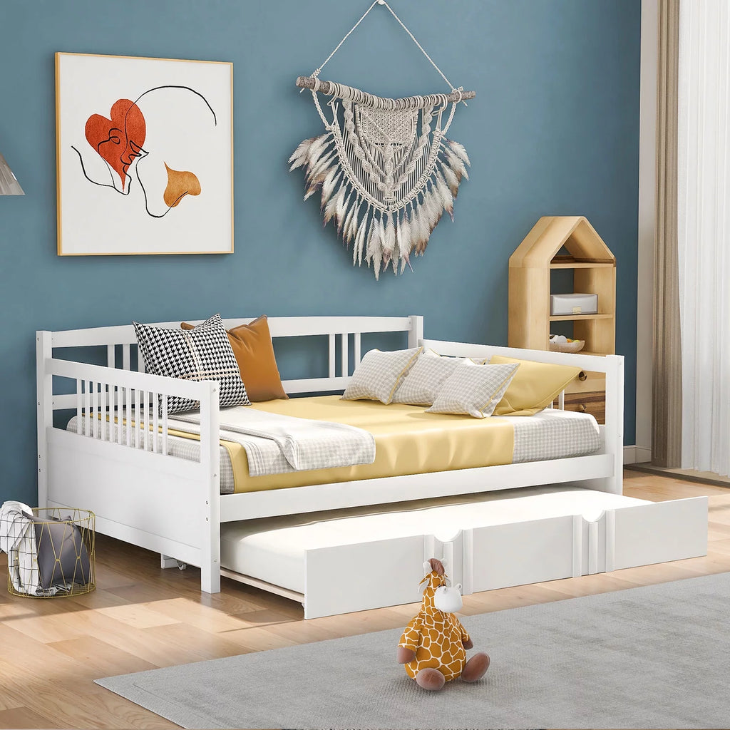 Royard Oaktree Full Size Daybed with Twin Trundle Bed Wood Sofa Bed with Slats Support, White