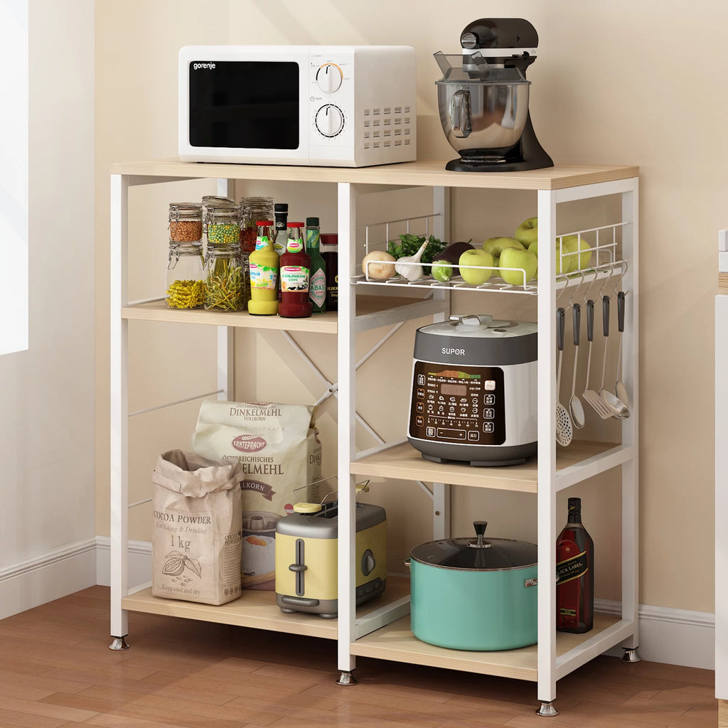 UBesGoo Bakers Rack, Kitchen Microwave Oven Stand with Basket, Industrial Shelving Unit, Wood Storage Shelf for Kitchen Dining Room, White Oak Finish