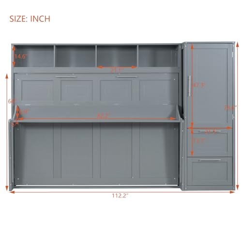 Queen Size Murphy Bed Wall Bed with Closet and Drawers, Gray P80410