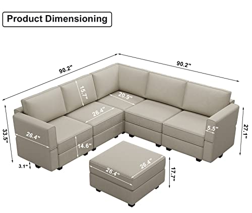 Belffin Modular Velvet Sectional Sofa with Chaise Lounge and Storage, Grey T418154