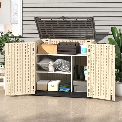 60 Cu.Ft Vertical Outdoor Storage Shed, All-Weather Resin Cabinet, Lockable, Khaki A6694
