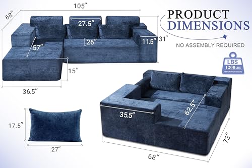 HABUTWAY 105" L-Shape Modular Sectional Sofa, Grey Velvet G848557