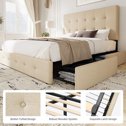 Allewie Upholstered Queen Platform Bed Frame with 4 Drawers and Headboard, Light Grey A922