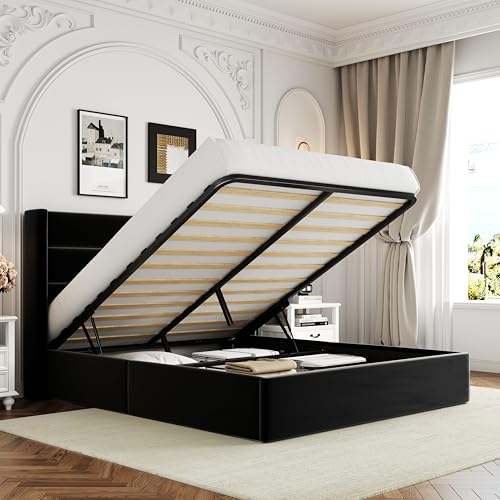 Allewie Full Size Lift Up Storage Bed with Wingback Headboard, Light Beige C85153