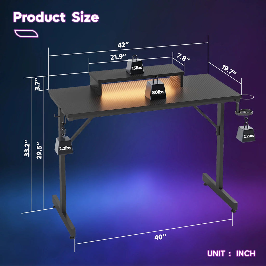 Bestier 42" Gaming Desk with LED Lights & Monitor Stand, Carbon Fiber Black B707