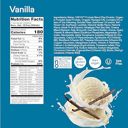 OWYN Protein Shake, Vanilla, 12 Fl Oz (12 Pack) N251134
