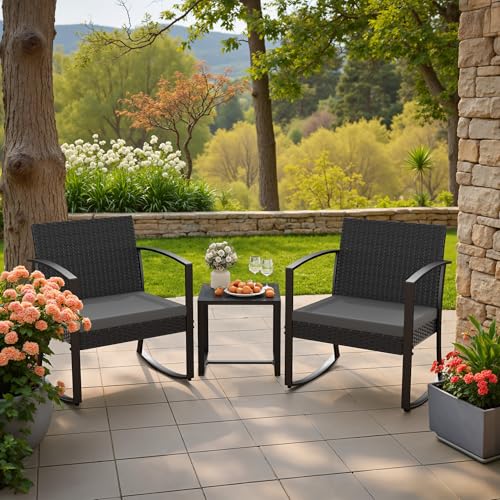 Homall 3 Piece Resin Outdoor Bistro Set with Cushions and Table, Black T139662
