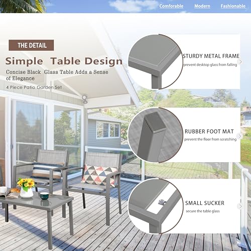 Vongrasig 4 Piece Patio Conversation Set with Glass Coffee Table, Black E428