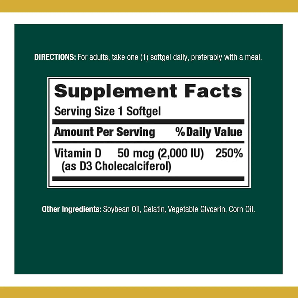 Nature's Bounty Vitamin D3 Softgels, 2000 IU, 150 Ct, 2 Pack H319