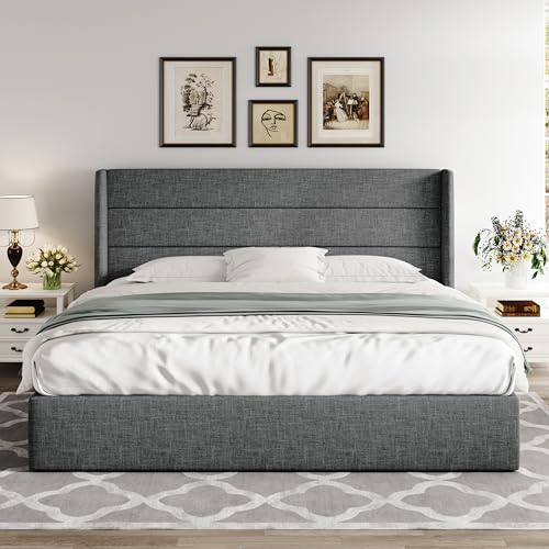 Allewie Full Size Lift Up Storage Bed with Wingback Headboard, Light Beige C85153
