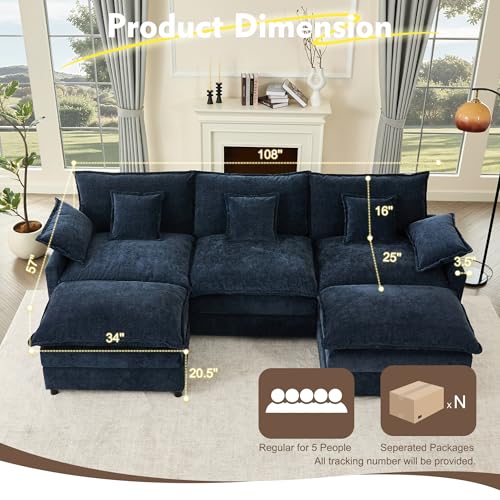 U Shaped Modular Sectional Sofa with Ottoman, Chenille, Black P2121