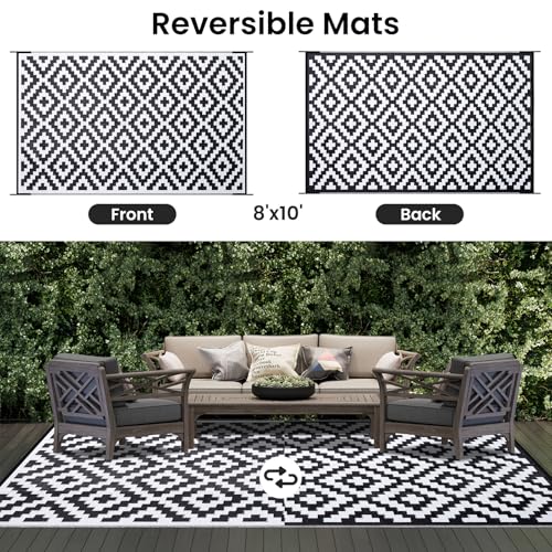 Smiry Waterproof Outdoor Rug 5x8 ft, Reversible Plastic Straw Patio Mat, Black & Beige P20186