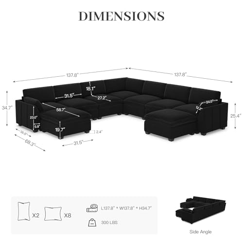 Belffin Extra Large Modular Sectional Sofa, 4-Seater L Shaped Velvet Couch, Black A1471