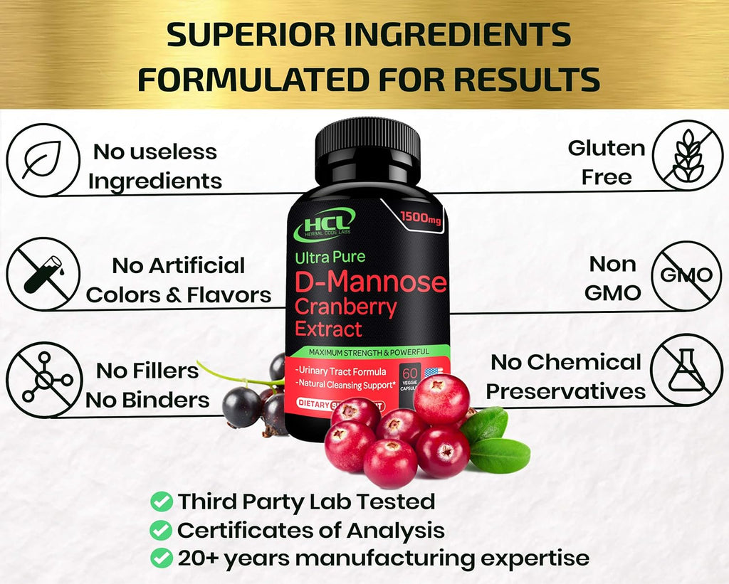 D-Mannose with Cranberry Extract Capsules 1500mg for Urinary Tract Health G95756