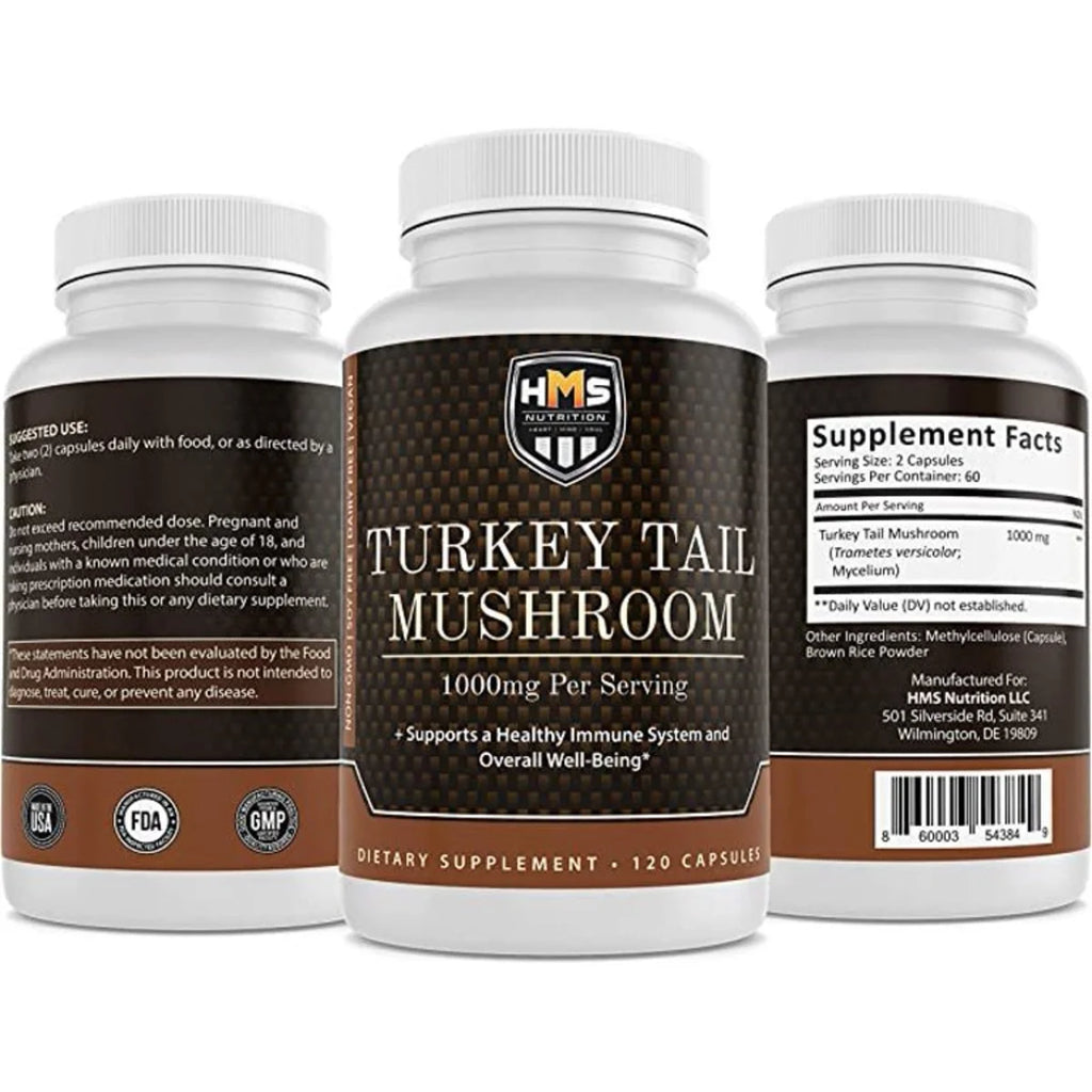 HMS Nutrition Turkey Tail Mushroom 1000mg Capsules Non-GMO Vegan I639