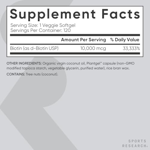 Sports Research Vegan Biotin 10,000mcg with Coconut Oil, 120 Softgels W9216