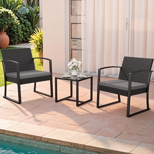 Homall 3 Piece Resin Outdoor Bistro Set with Cushions and Table, Black T139662