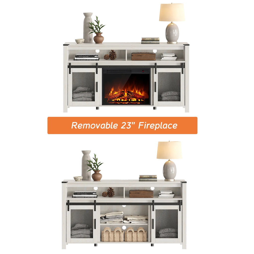 WAMPAT Farmhouse Fireplace TV Stand for 65+ Inch TV with Electric Fireplace, Antique White N223
