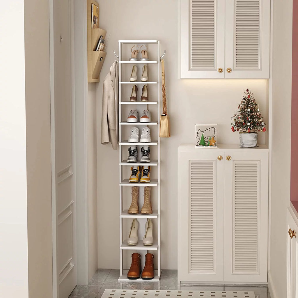 LIHONG 10-Tier Vertical Shoe Rack with Hanging Hooks, White X152770